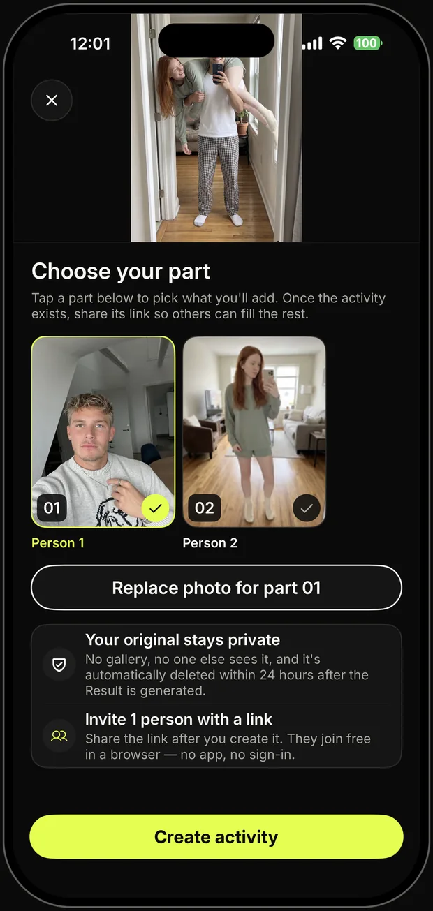 The Pazmix part picker on iPhone, with one slot per person and a privacy notice.