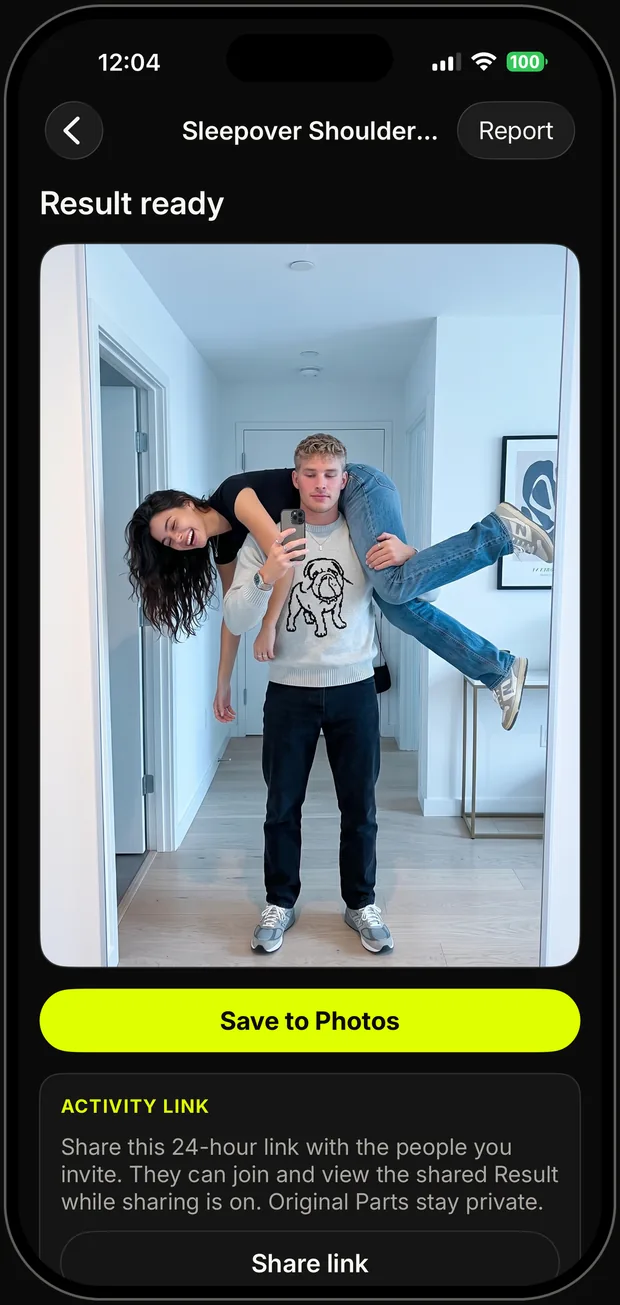 The Pazmix result screen on iPhone, with the finished shared photo ready to save.